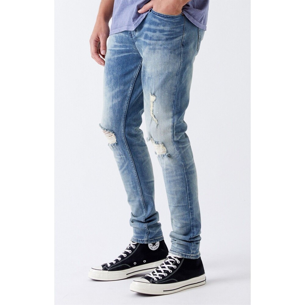 PACSUN Men Stacked Skinny Jeans 30x30 Medium Blue Paint Splatter Distressed B49